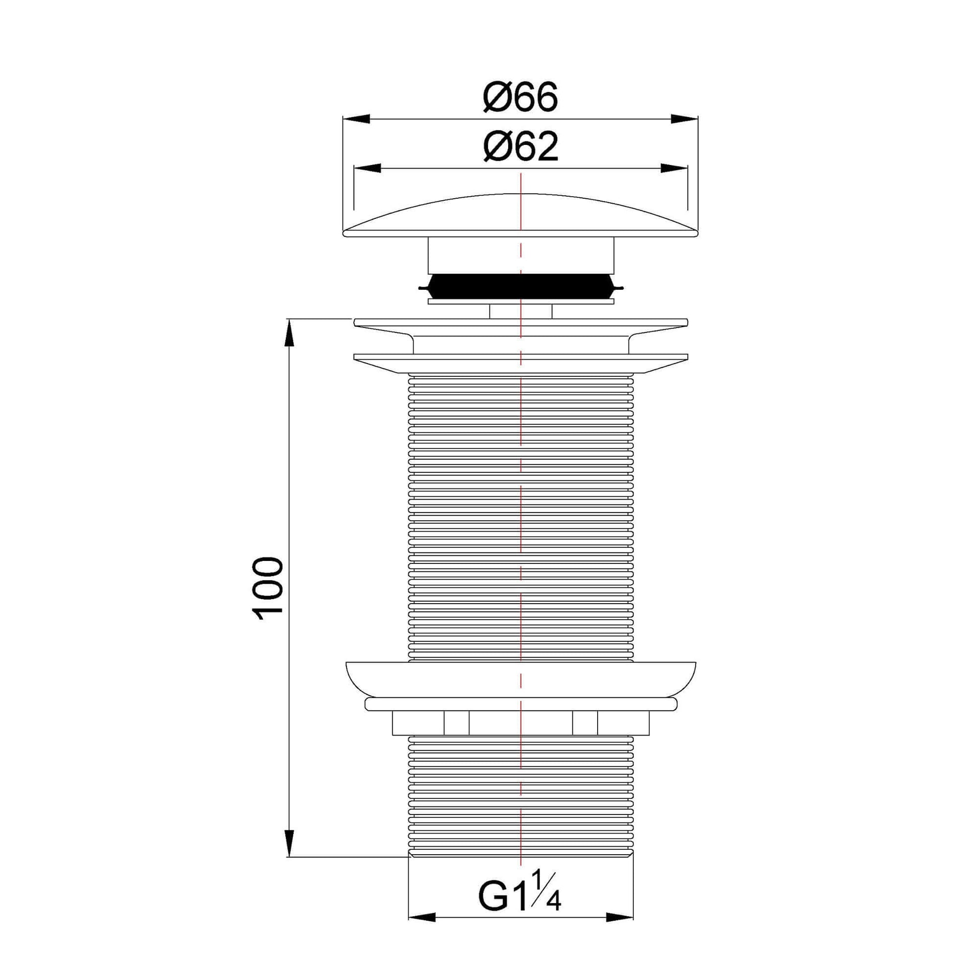 Technische tekening van de UniMatch afvoerplug, verlengd in geborsteld staal met afmetingen en specificaties.
