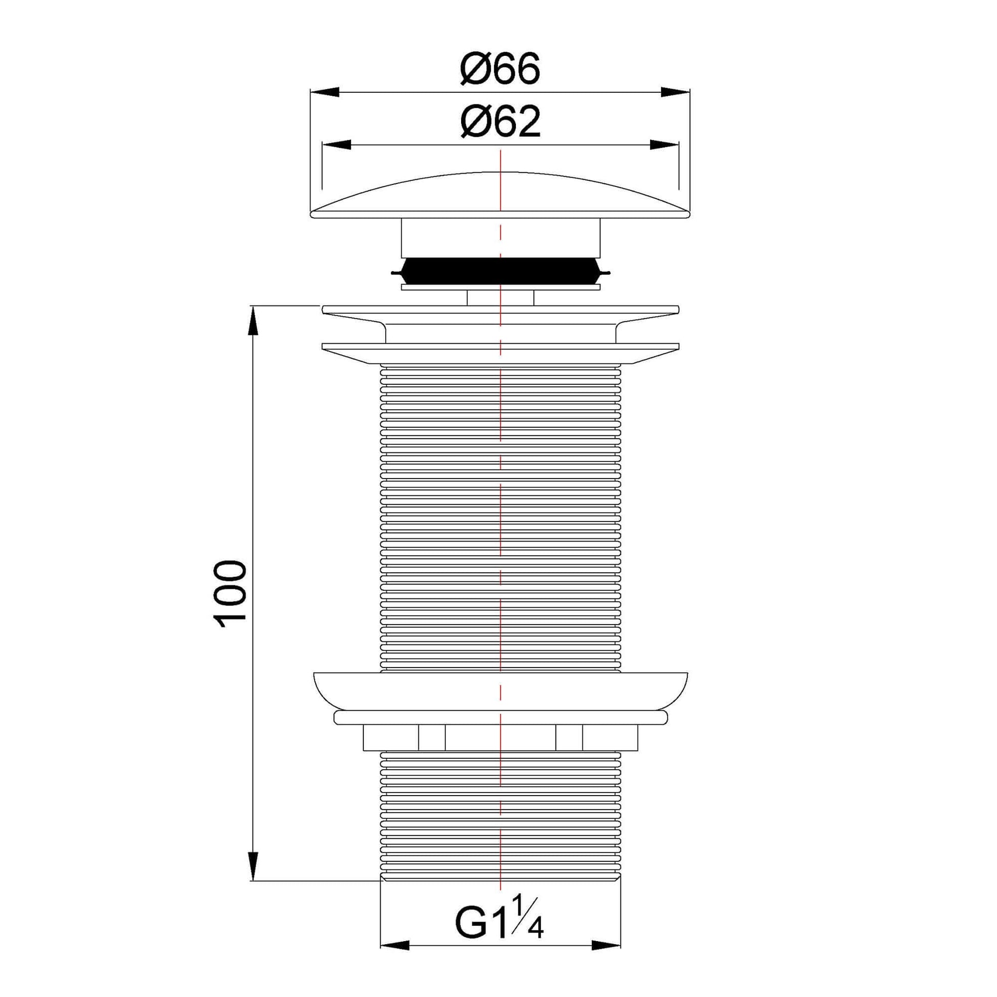 Afvoerplug technische tekening met maatvoering voor UniMatch clickwaste in gunmetal kleur.