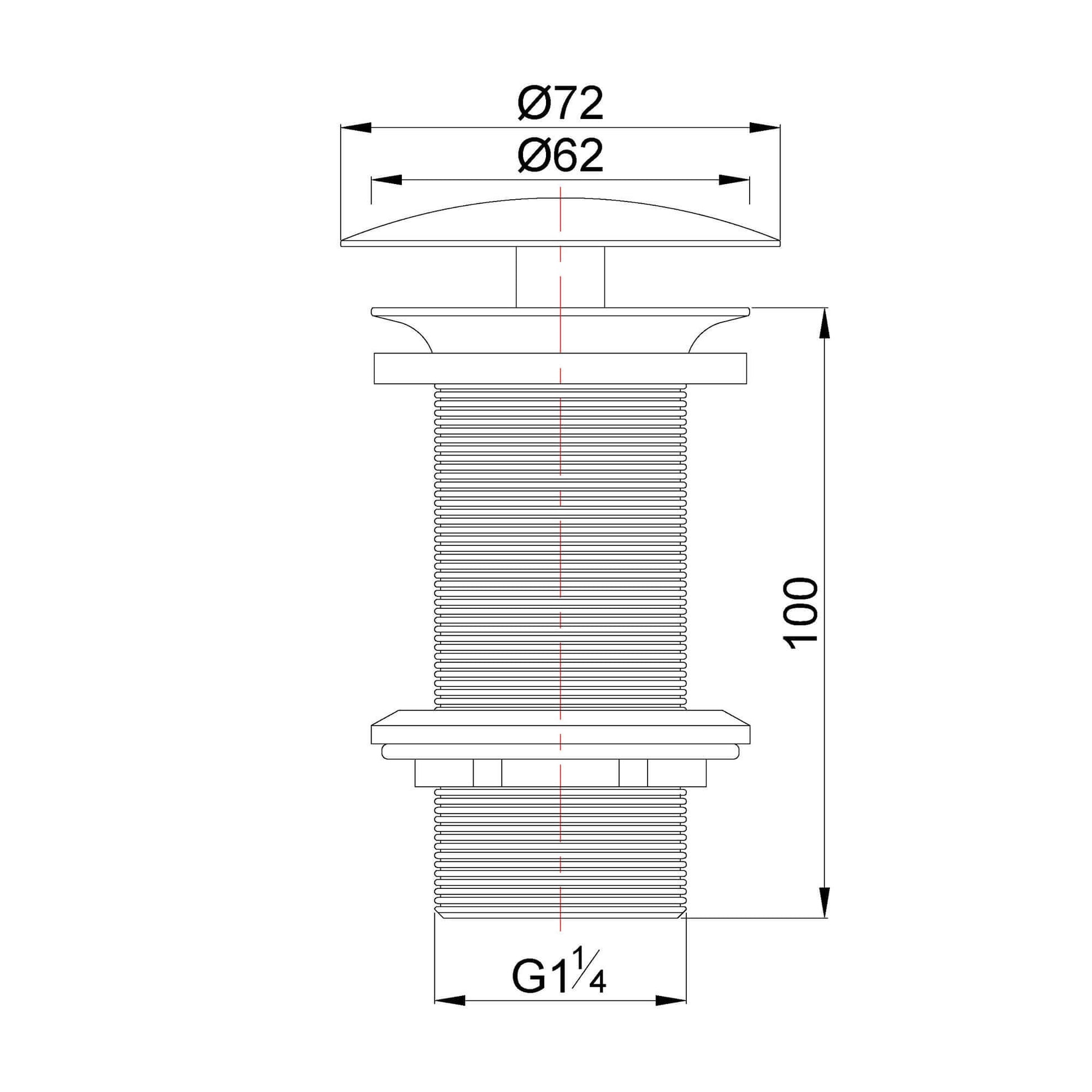 Afbeelding van UniMatch afvoerplug met afmetingen en specificaties in geborsteld messing PVD.