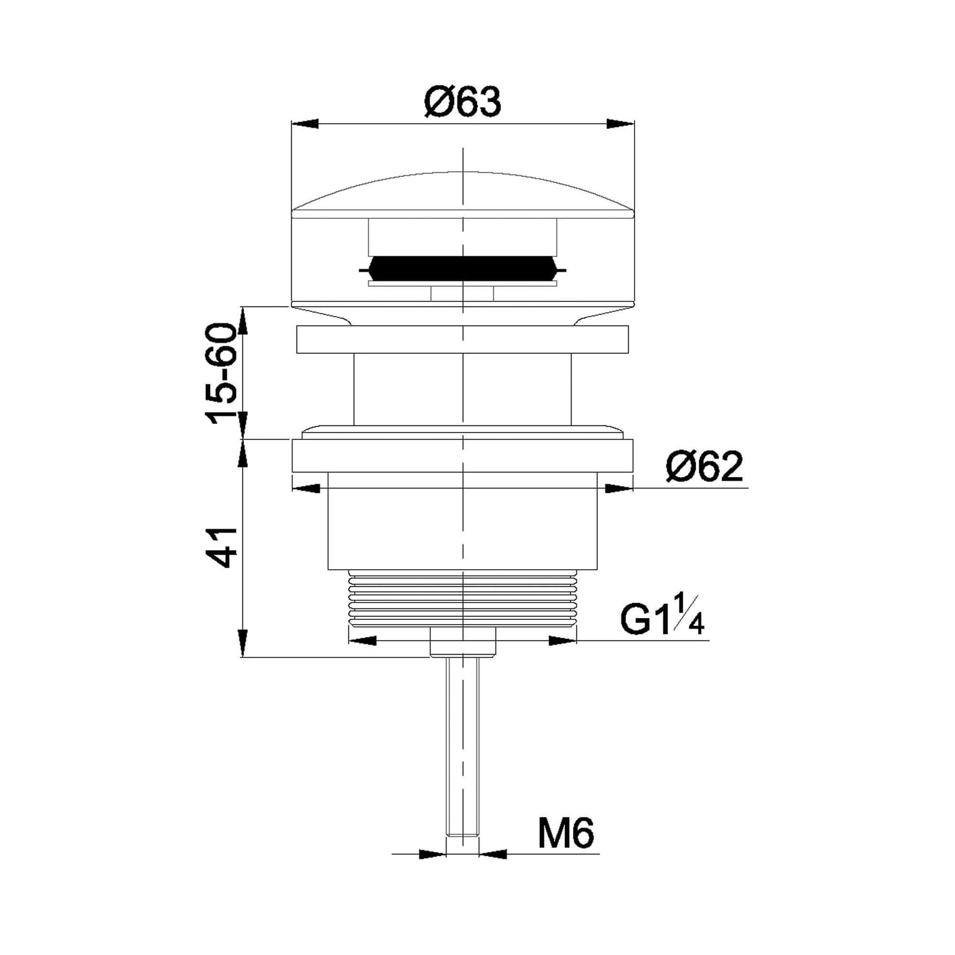 Technisch ontwerp van de UniMatch clickwaste afvoerplug 5/4" gunmetal, maat en afmetingen weergegeven.