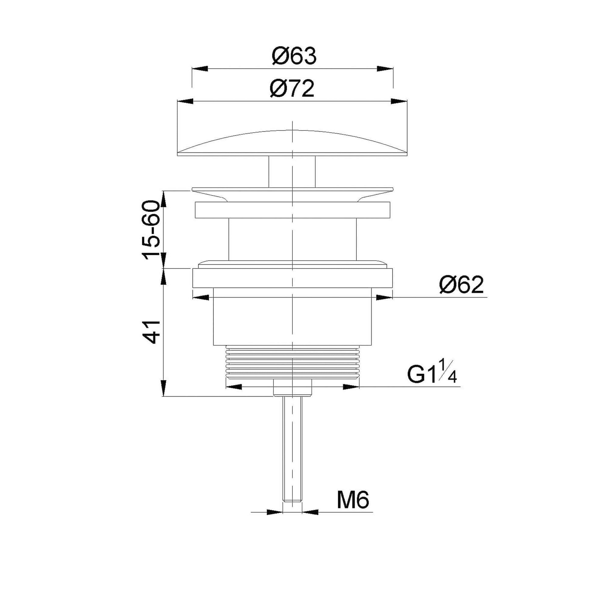 UniMatch open afvoerplug 5/4'' geborsteld staal technische tekeningen met afmetingen