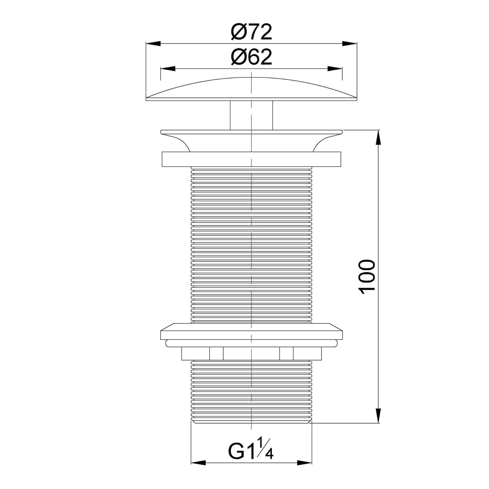Technische tekening van UniMatch afvoerplug, mat zwart, verlengd 5/4" met afmetingen en aansluitingen.