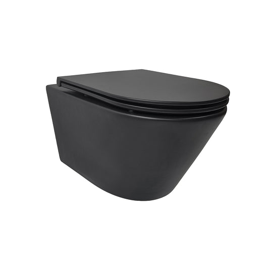 Stereo randloos wandtoilet Wiesbaden in matzwart met Flatline Soft Close en Quick Release toiletbril in matzwart
