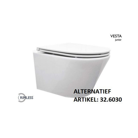 Vesta junior wandcloset rimless verkort met Flatline toiletzitting softclose en quick release glans wit