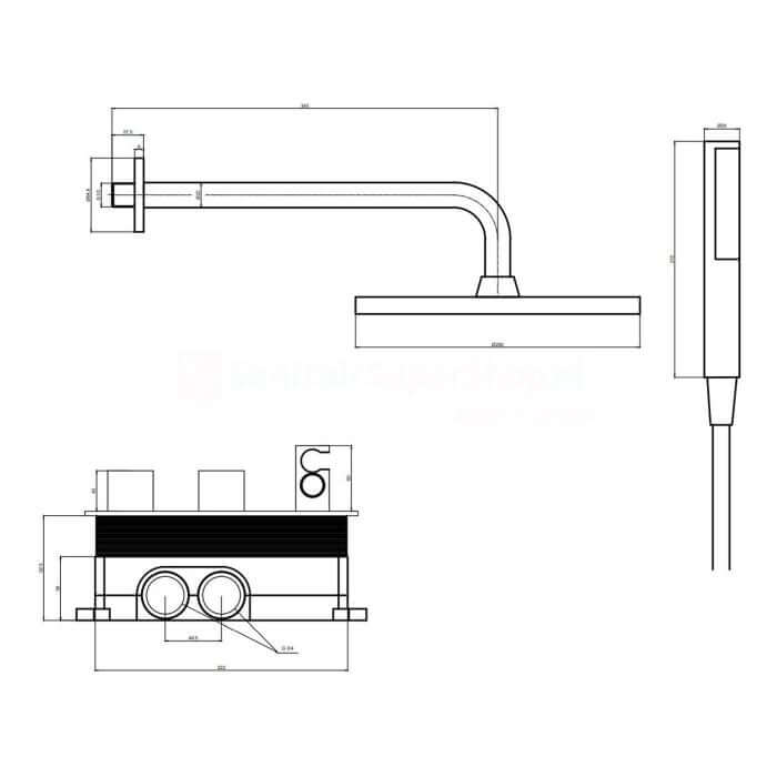 Schematic drawing of the Blue Label Brondby douchesysteem in brushed gunmetal PVD finish showing shower head and controls.