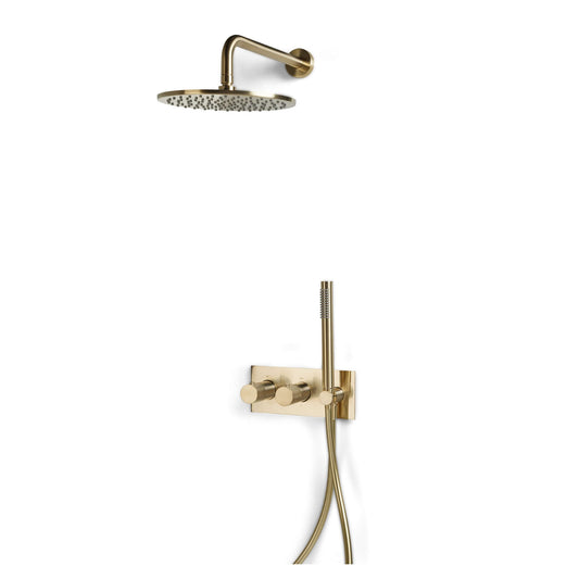 Blue Label Brondby Facet inbouw douchesysteem - geborsteld goud PVD, inclusief ronde douchekop en wandbediening.