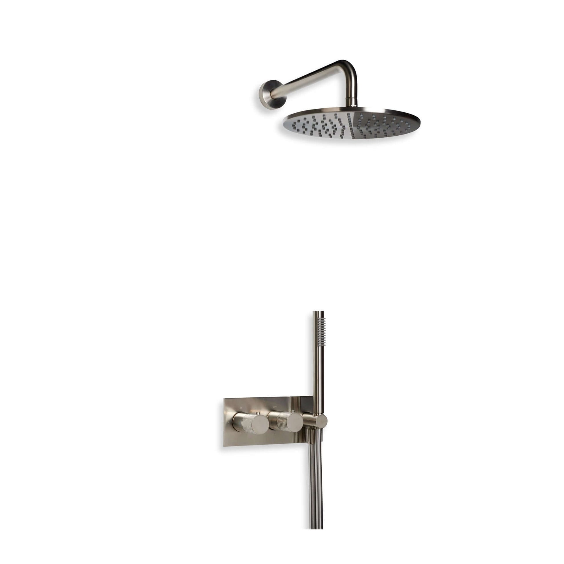 Inbouw Douchesysteem blauw label Brondby met geborsteld nikkel PVD afwerking en regendouche.