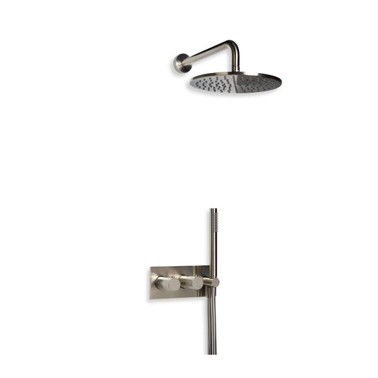 Inbouw Douchesysteem blauw label Brondby met geborsteld nikkel PVD afwerking en regendouche.