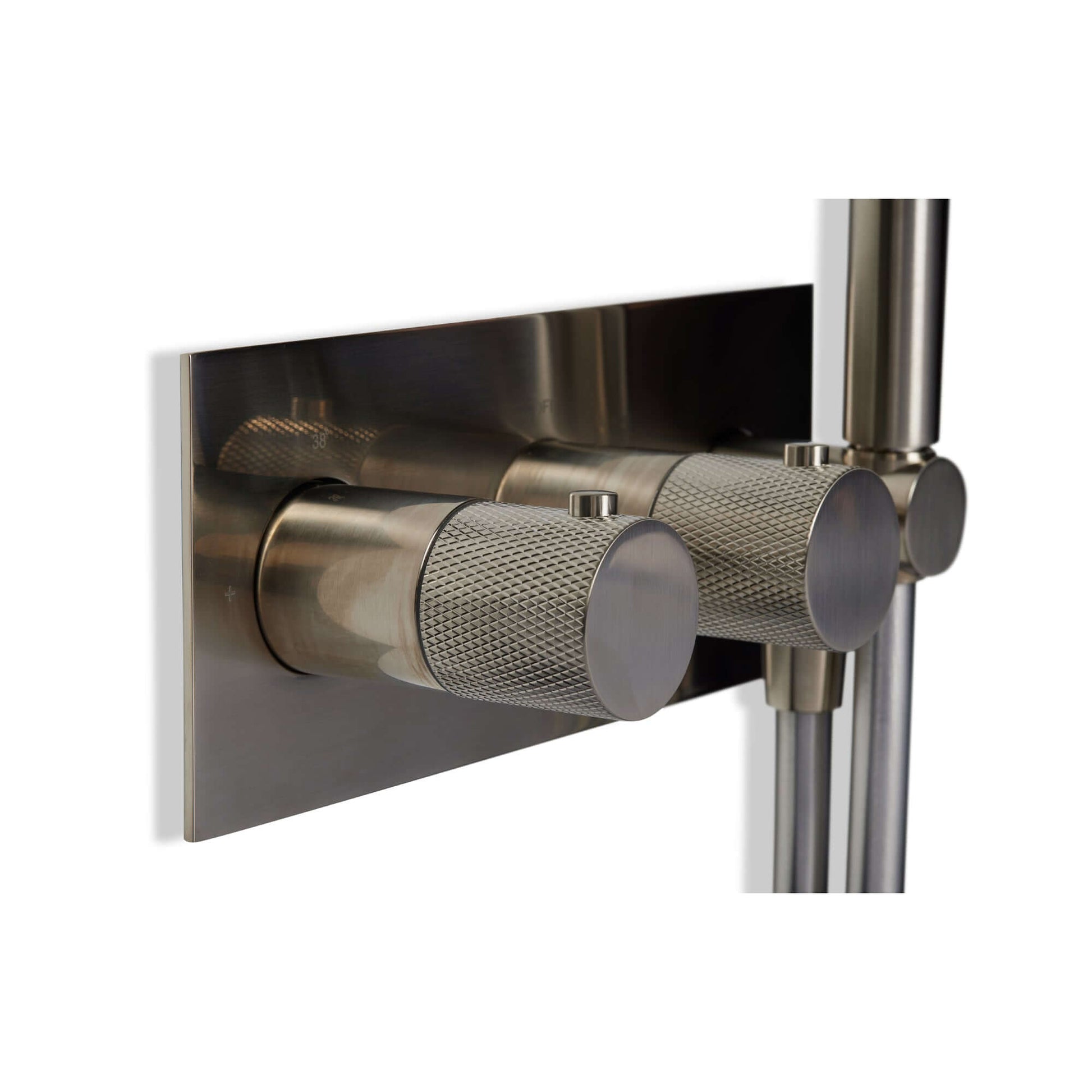 Blue Label Brondby Inbouw Douchesysteem - geborsteld nikkel PVD, detail van mengknoppen