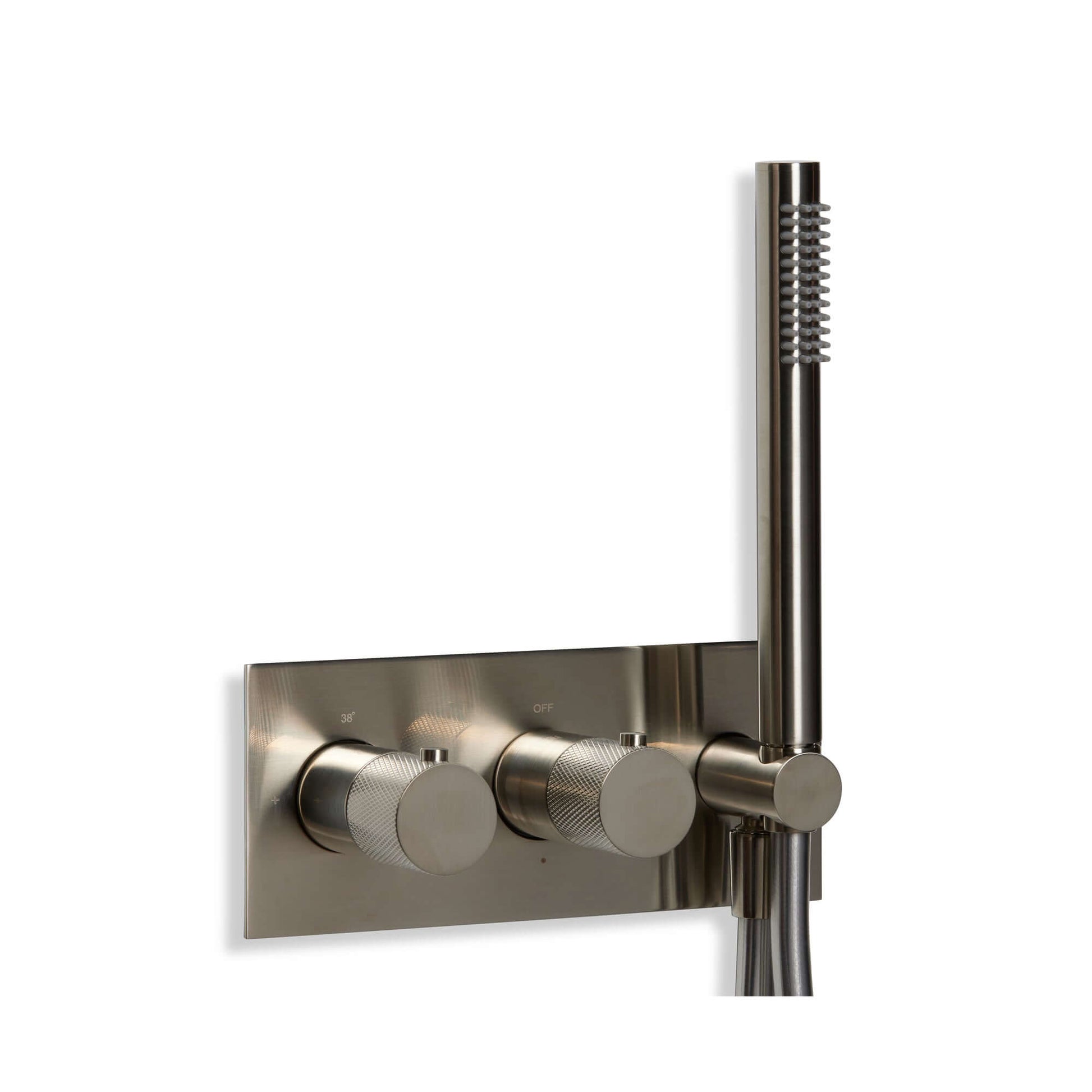 Inbouw Douchesysteem in geborsteld nikkel PVD met bedieningselementen en handdouche.