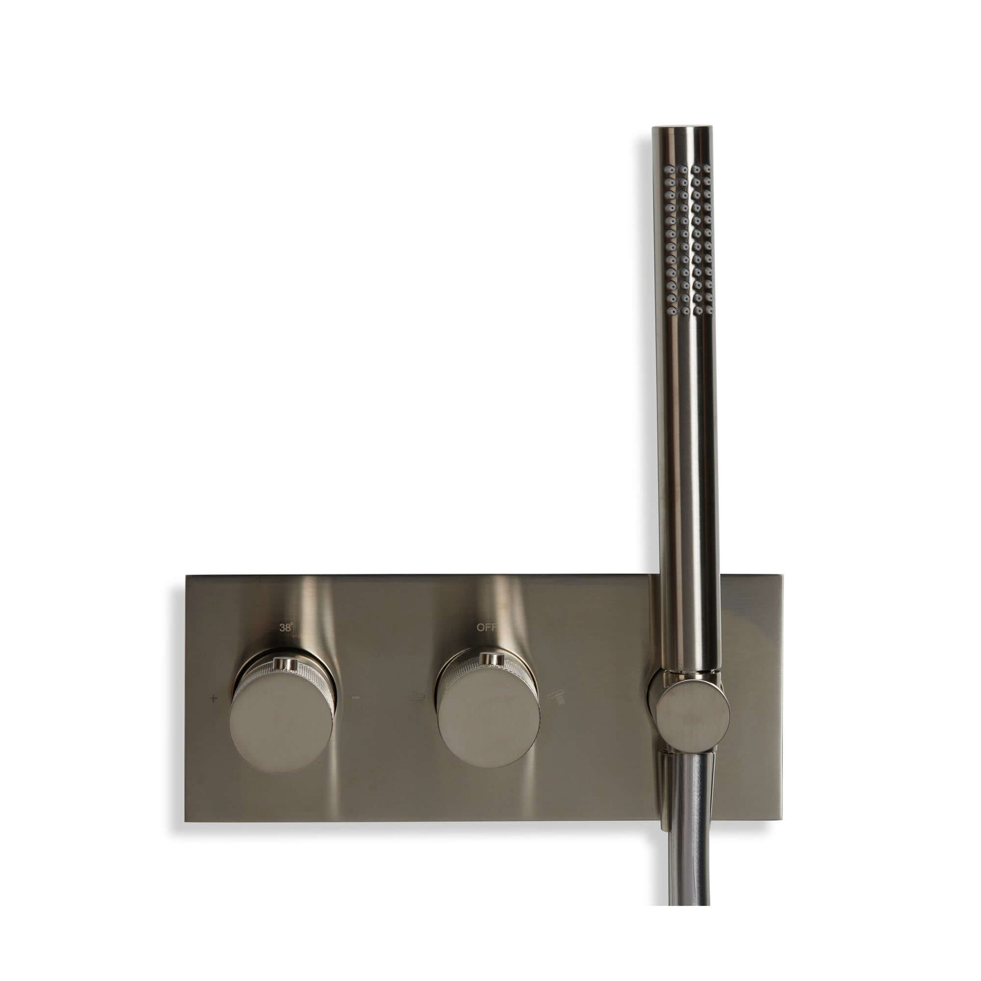 Blue Label Brondby inbouw douchesysteem in geborsteld nikkel PVD, met drie knoppen en handdouche.