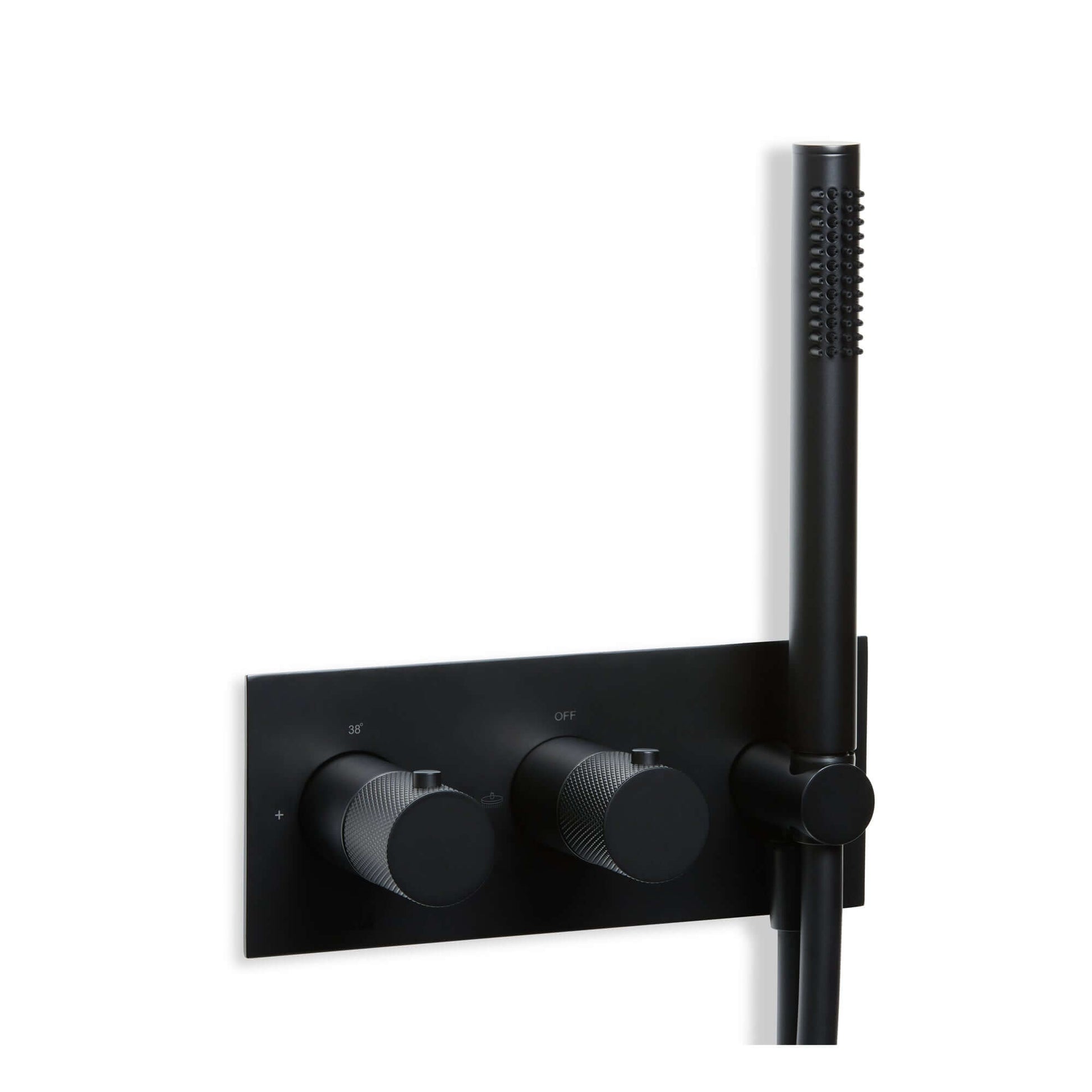 Blue Label Brondby Facet inbouw douchesysteem in mat zwart with stylish controls and hand shower.