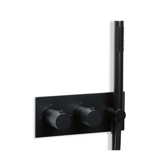 Blue Label Brondby Facet inbouw douchesysteem in mat zwart with stylish controls and hand shower.