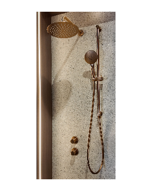 Regendoucheset inbouwthermostaatkraan met 2-weg stop-omstel Symmetry. wandarm. R25cmSL. glijstang met uitlaat. doucheslang 150cm en 3-standen handdouche