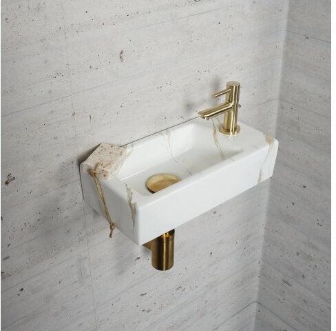 Carrara Marmer Look Fonteinset Wiesbaden Kleur Messing Goud (Kraangat Rechts)