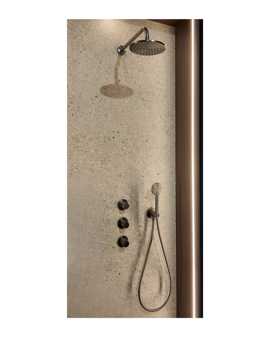 Regendoucheset inbouwthermostaatkraan met 2 vaste stopkranen Symmetry. wandarm. R20cmME. houder met uitlaat. doucheslang 150cm en 9cm. Satin Spray handdouche -