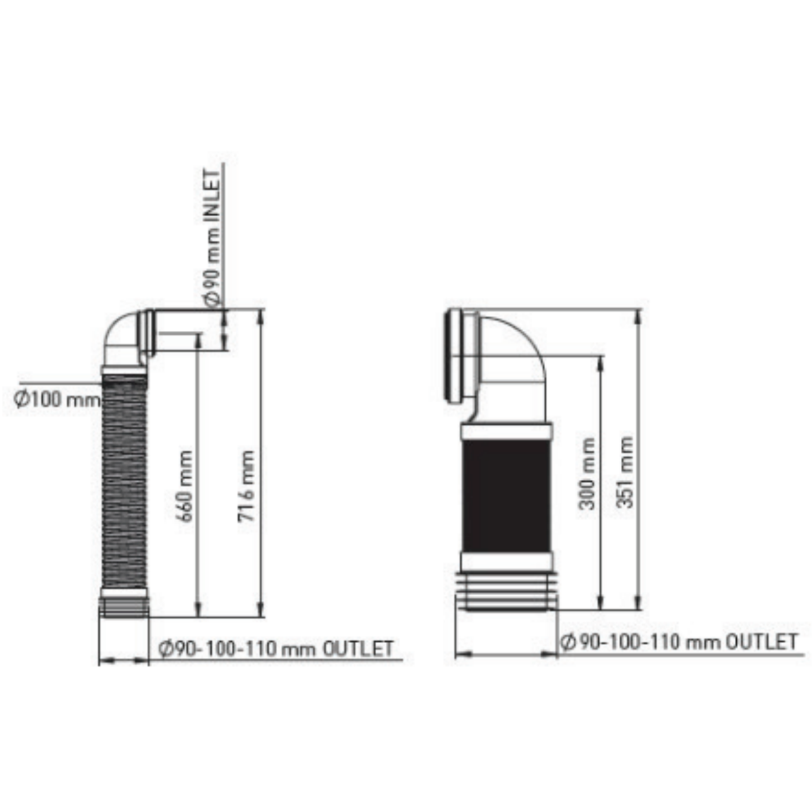 ALONI wand aansluitbocht 90° – Lengte 66 cm