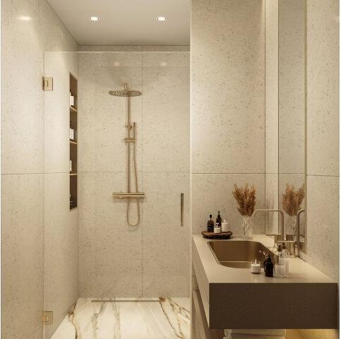 Minder Nisdeur Wiesbaden 200 cm met 8 mm nano-helder glas in geborsteld messing (alle maten)