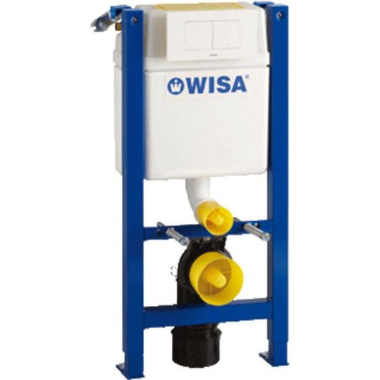 Wisa Toiletset met frontbediening en isolatiemat in blauw zelfdragend frame voor compacte toiletruimtes.